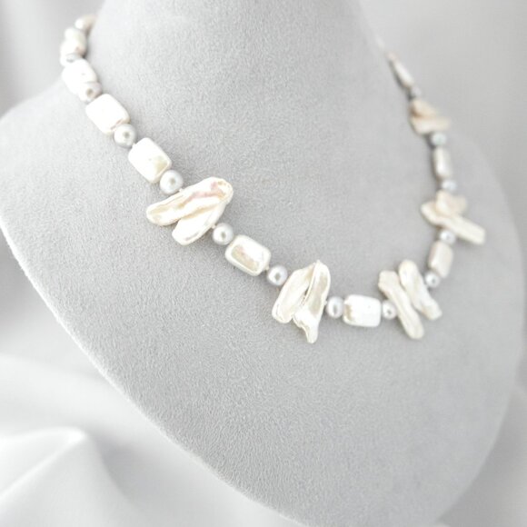 White and Grey Freshwater Pearl Single Strand Necklace - Sterling Silver - Picture 3 of 4